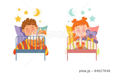 Cute little boy and girl sleeping in beds at night cartoon vector illustration Cute little boy and girl sleeping in beds at night cartoon vector illustration 84627648