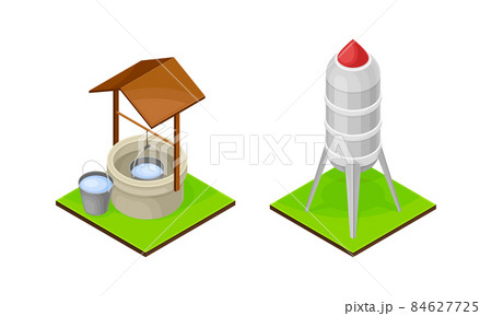 Farm objects set. well and water tower isometric vector illustration Farm objects set. well and water tower isometric vector illustration 84627725