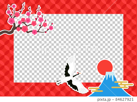 正月フレーム 梅の花と富士山と鶴 01のイラスト素材 [84627921] - PIXTA