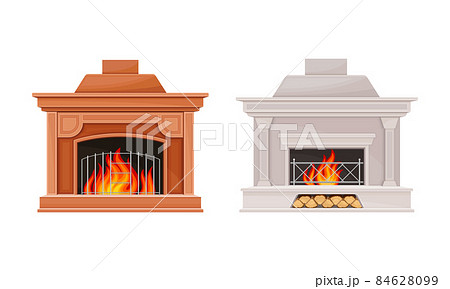 Classic marble open hearth fireplace with burning fire set vector illustration Classic marble open hearth fireplace with burning fire set vector illustration 84628099