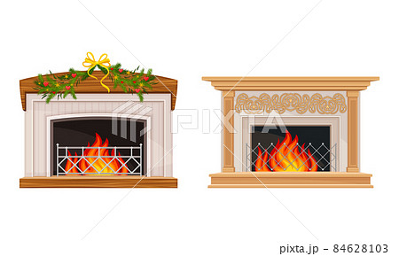 Fireplace with burning fire set. Winter holiday decoration vector illustration 84628103