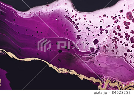 Fluid Art. Metallic gold wave and purple abstraction. Marble effect background or texture Fluid Art. Metallic gold wave and purple abstraction. Marble effect background or texture 84628252