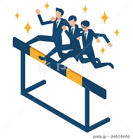 チームワークを重視して肩を組んで困難やハードルにチャレンジして飛び越えていくビジネスマンたちのアイソ 84628406