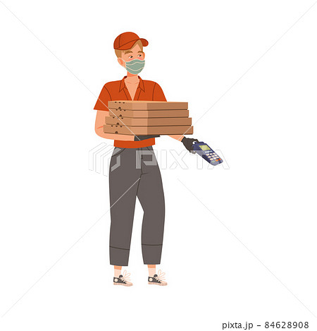 Delivery man carrying boxes with pizza and POS terminal cashless payment machine cartoon vector illustration Delivery man carrying boxes with pizza and POS terminal cashless payment machine cartoon vector illustration 84628908