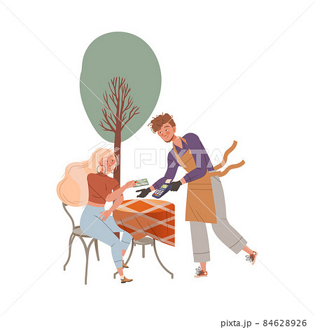 Girl using contactless payment for buying at cafe. Woman paying by app on smartphone. Digital banking service cartoon vector illustration 84628926