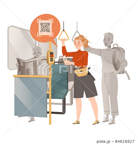 Woman using contactless mobile payment system, scanning qr code at bus. Digital banking service cartoon vector illustration Woman using contactless mobile payment system, scanning qr code at bus. Digital banking service cartoon vector illustration 84628927