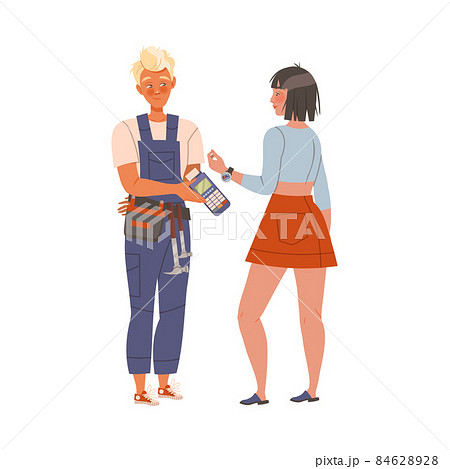 Girl using contactless payment for for locksmith services. Digital banking service cartoon vector illustration 84628928