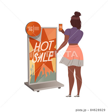 Customer girl scanning QR code st store. Girl using contactless payment for buying. Digital banking services cartoon vector illustratio 84628929
