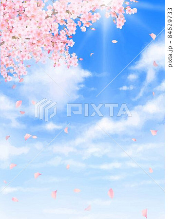 美しく華やかな桜の花と花びら舞い散る春の爽やか青空に光差し込む雲の縦フレーム背景ベクター素材 84629733