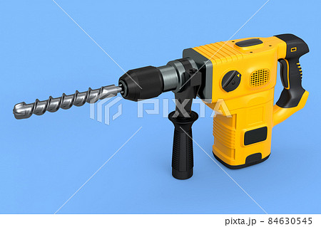 Electric drill with cord and attached metal bit, tool for repair on blue 84630545