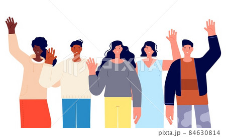 People group greetings. Smile international team, happy girls and boys. Cute cartoon characters together, multicultural women and men vector scene 84630814
