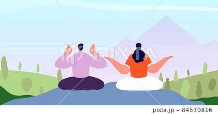 Meditation on nature. Man woman sitting on mountain. Relax on park, vacation or mind cleaning. Health wellbeing vector concept Meditation on nature. Man woman sitting on mountain. Relax on park, vacation or mind cleaning. Health wellbeing vector concept 84630816
