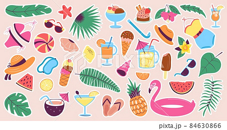 Summertime stickers. Cute tropical beach elements, fruit, lemonade jar and food. Travel and vacations, seasonal patch. Fashionable decent vector kit 84630866