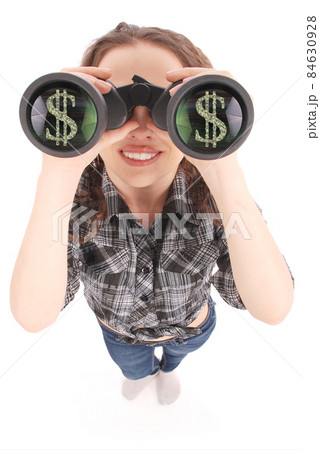 Happy young girl with binoculars and dollars sign Happy young girl with binoculars and dollars sign 84630928