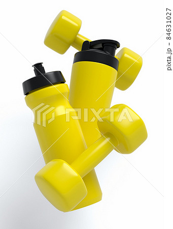 Isometric view of sport equipment like water bottle and dumbbell on white background. 3d render of power lifting and fitness concept Isometric view of sport equipment like water bottle and dumbbell on white background. 3d render of power lifting and fitness concept 84631027