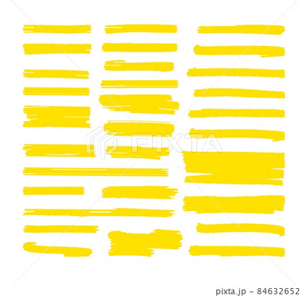 Highlight marker lines. Yellow highlighter marks, scribble brush strokes. Text highlighted, underline marking elements. Vibrant stripes decent vector kit 84632652