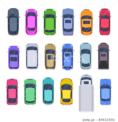 Top view cars. Flat creative car, isolated truck and autos. City transportation elements, lorry and vehicle. Diverse transport exact vector set 84632691