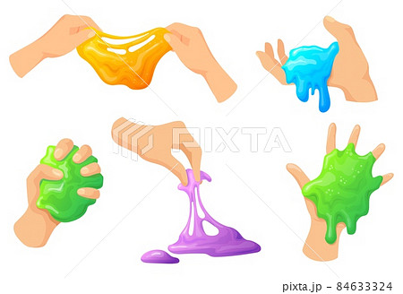 Hand holding slime. Homemade kids toy mucus between fingers hands, sticky slimy colorful funny glue, childish rainbow squeeze snail, neat cartoon vector illustration 84633324