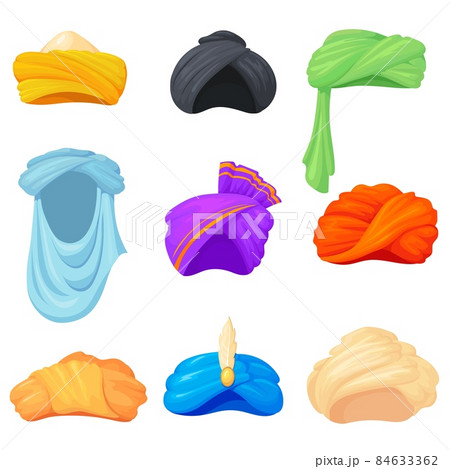 Arabic turban set. Indian traditional hats, india culture clothing, sikh headgear, oriental cultures headdress, ethnic arabian clothes 84633362