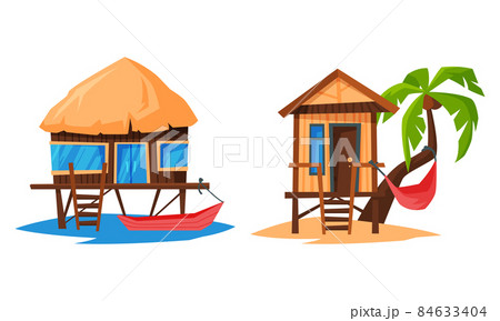 Beach Small House and Bungalow on Piles with Sloping Roof Rested on Sand Vector Set Beach Small House and Bungalow on Piles with Sloping Roof Rested on Sand Vector Set 84633404