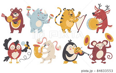 Animals play music. Happy wildlife characters with different musical instruments. Cartoon wild artists. Band sounds. Woodland creatures orchestra performance. Vector funny musicians set Animals play music. Happy wildlife characters with different musical instruments. Cartoon wild artists. Band sounds. Woodland creatures orchestra performance. Vector funny musicians set 84633553
