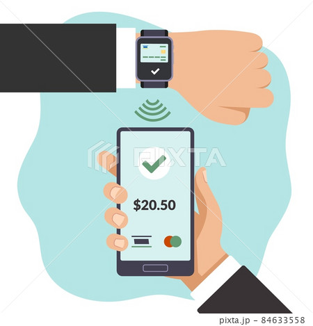 Payment smart wallet in hours via smartphone terminal. Man pays bill with phone or watch. Financial transaction. Modern devices. Banking app for cashless money transfer. Vector concept Payment smart wallet in hours via smartphone terminal. Man pays bill with phone or watch. Financial transaction. Modern devices. Banking app for cashless money transfer. Vector concept 84633558