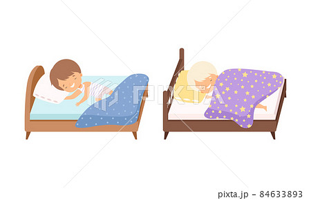 Little Boy Sleeping Sweetly on Soft Pillow Under Blanket in Their Bed Vector Set Little Boy Sleeping Sweetly on Soft Pillow Under Blanket in Their Bed Vector Set 84633893