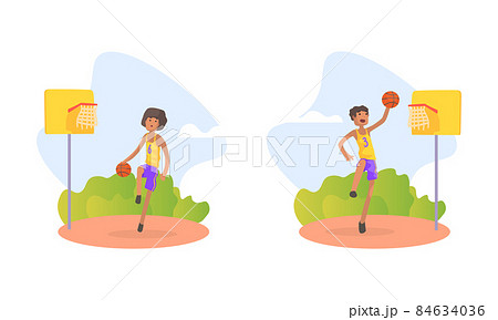 African American Boy Throwing Ball into Basket Ring Playing Basketball Vector Set African American Boy Throwing Ball into Basket Ring Playing Basketball Vector Set 84634036