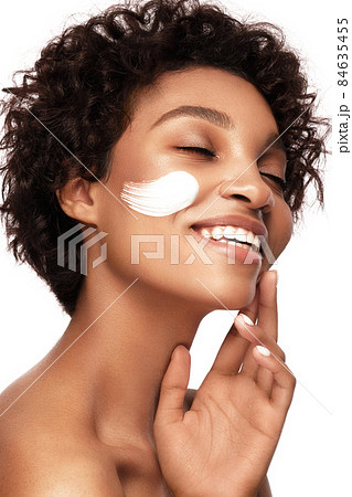 African American skincare models with perfect skin and curly hair. Beauty spa treatment concept. 84635455