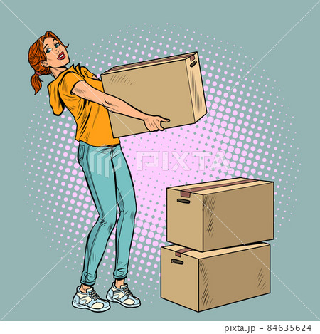 Young woman moving with boxes. Delivery and packing of personal belongings Young woman moving with boxes. Delivery and packing of personal belongings 84635624