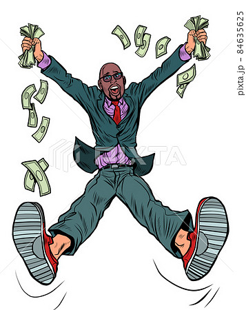 A joyful african businessman with cash. Wealth lottery winnings bank income A joyful african businessman with cash. Wealth lottery winnings bank income 84635625