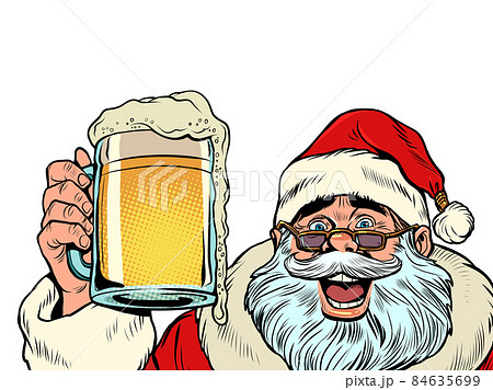 Santa Claus with a beer mug. Pub or bar, a fun party. Christmas and New Year, winter seasonal holiday in December Santa Claus with a beer mug. Pub or bar, a fun party. Christmas and New Year, winter seasonal holiday in December 84635699