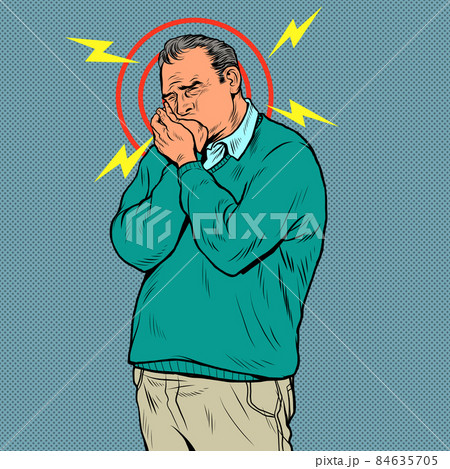 an elderly man toothache, aching pain in the teeth and jaw. Caries stomatitis pulpitis gum inflammation and other dental problems 84635705