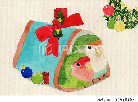 三角テントのコザクラインコとクリスマス飾り 84638267