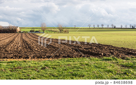 View over harvested agriculture land and plowed soil at the Flemish Countryside, Linter, Belgium 84638698