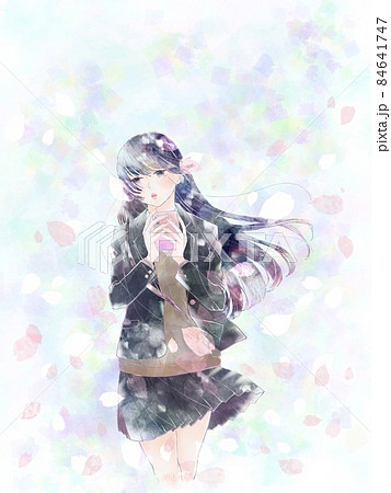 スマホを手に思案する女子学生 キラキラ背景桜吹雪ver のイラスト素材