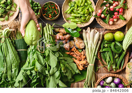 Fresh organic Southeast Asian vegetables and spices from local farmer market, Northern of Thailand 84642006