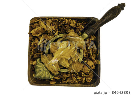 Dried chilli paste with crispy fish thai style or Crispy fish chilli paste in wooden bowl isolated on white background. Dried chilli paste with crispy fish thai style or Crispy fish chilli paste in wooden bowl isolated on white background. 84642803