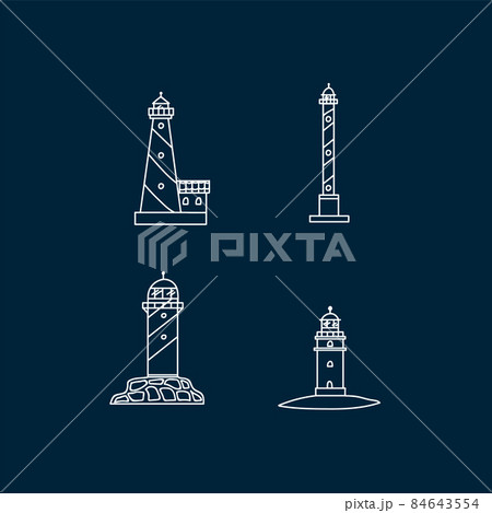 A set of lighthouse building with a lantern. A house by the sea with a lamp for design on the dark. A set of lighthouse building with a lantern. A house by the sea with a lamp for design on the dark. 84643554