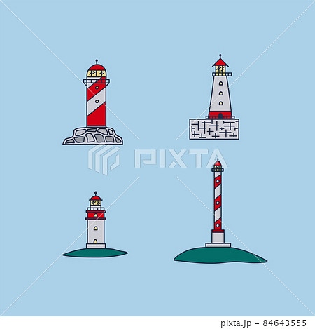 The lighthouse building set. Cartoon Houses near the port and the water. Illustrations of towers with a lantern for poster design. 84643555