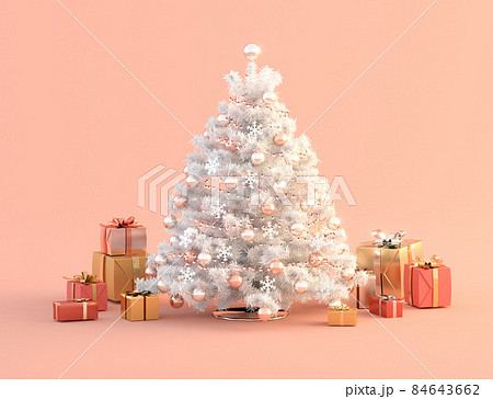 白いクリスマスツリーとプレゼント ピンク背景イメージ 白いクリスマスツリーとプレゼント ピンク背景イメージ 84643662