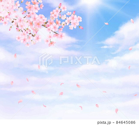 美しく華やかな桜の花と花びら舞い散る春の青空に光差し込む雲のノスタルジックな背景ベクター素材イラスト 84645086