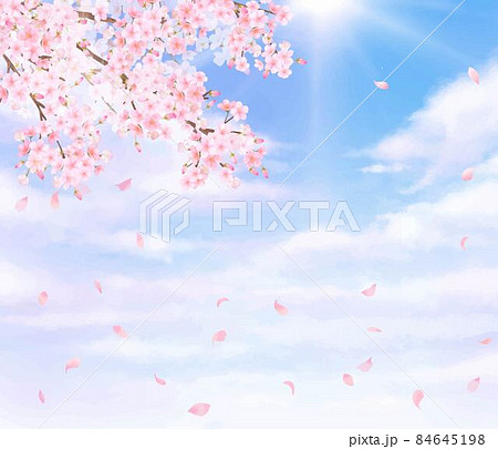美しく華やかな桜の花と花びら舞い散る春の青空に光差し込む雲のノスタルジックな背景ベクター素材イラストのイラスト素材
