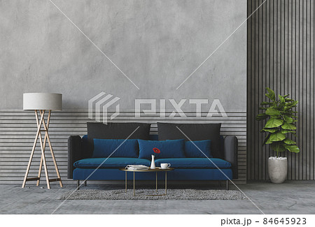 interior living room wall concrete with sofa, plant, lamp, decoration, 3D render 84645923