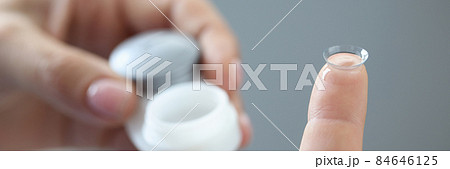 New clear contact lens on finger closeup New clear contact lens on finger closeup 84646125