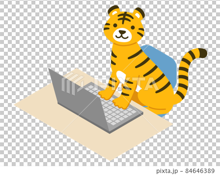 Illustration of a tiger working on a laptop 84646389