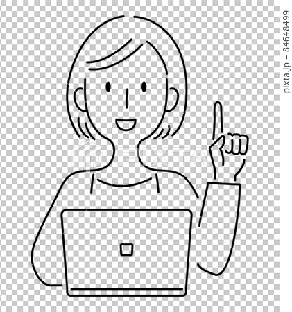 Hand-drawn style ・ Vector illustration of a woman explaining with a finger in front of a computer 84648499