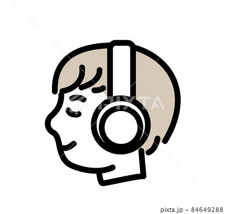 ヘッドホン 音楽 イラスト シンプル おしゃれ ワイヤレスヘッドホン 男性 代 横顔のイラスト素材