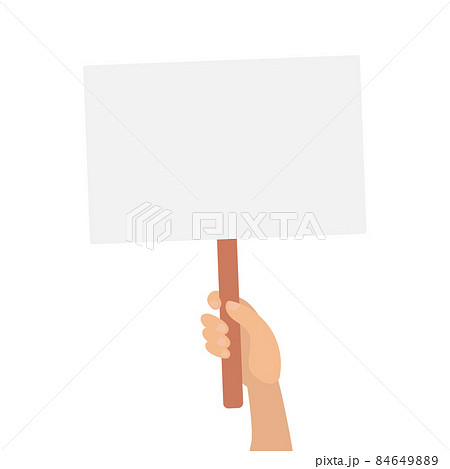 Hand holding blank plate poster placard. Frame for your message advertisement. Vector cartoon flat illustration Hand holding blank plate poster placard. Frame for your message advertisement. Vector cartoon flat illustration 84649889