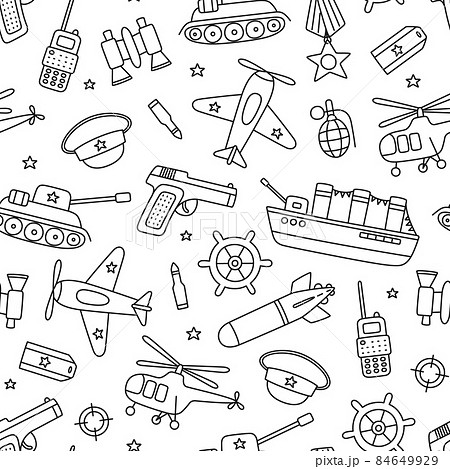 Victory day 9 may seamless pattern. Hand drawn background for Defender of the Fatherland Day 23 february. Kid drawing for army day. Doodle vector illustration on white background 84649929